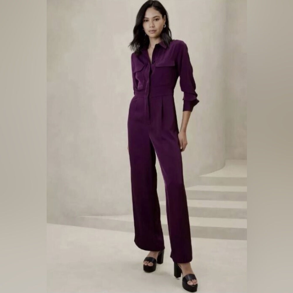 Banana Republic Collared Button Down Long sleeve wide leg jumpsuit in Pinot noir